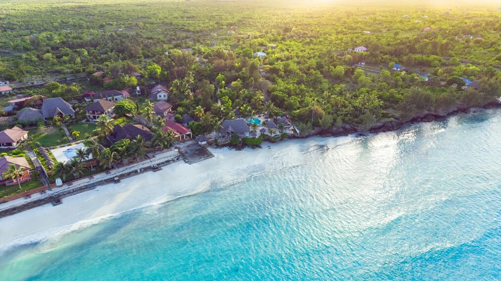 Aerial view of tropical coastline and blue water in Zanzibar